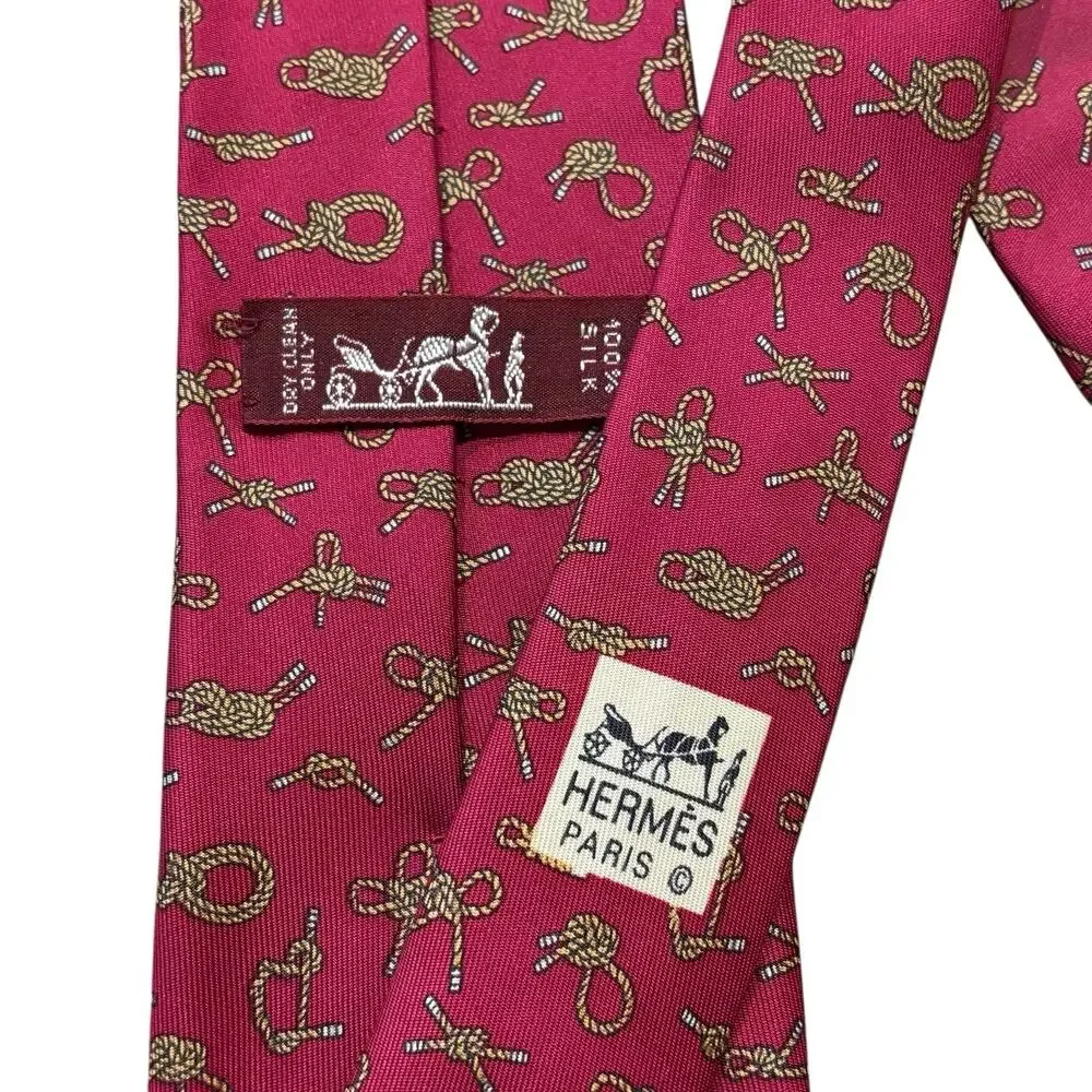 Vintage Hermes Silk Tie Nautical Sailor's Rope Knots 7321 EA Raspberry Pink